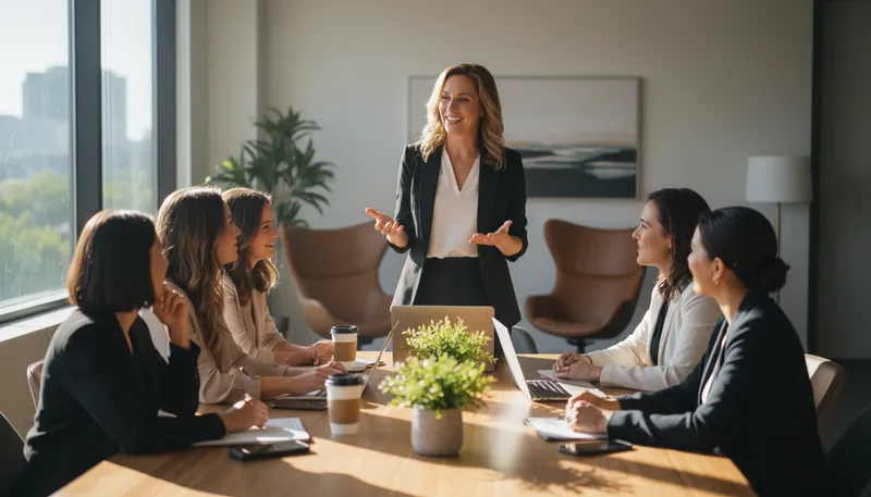 Illustration of woman among women: a woman in a group of women