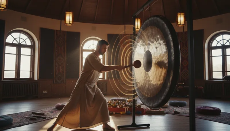 Illustration of gong: a large metal disc that makes a sound