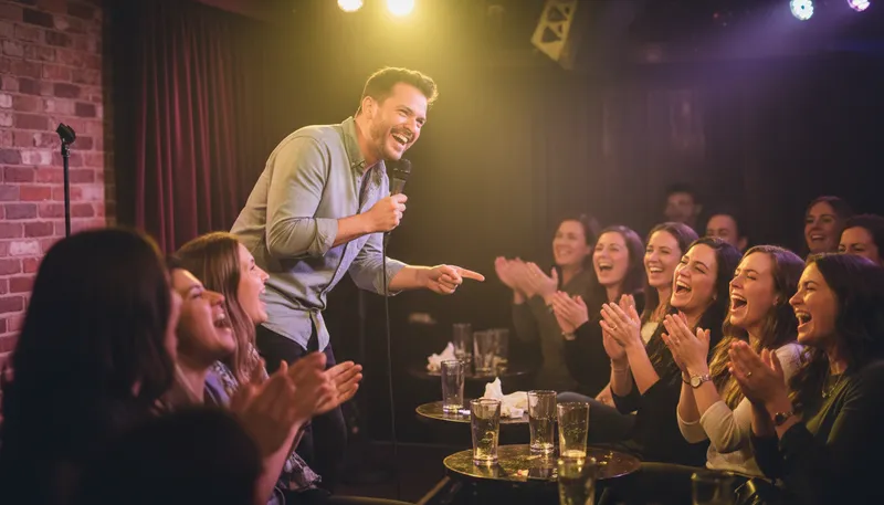 Illustration of comedian: A person who tells jokes to entertain others.