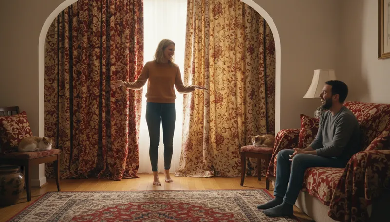 Illustration of the curtains match the drapes: A humorous remark about matching hair and pubic hair.