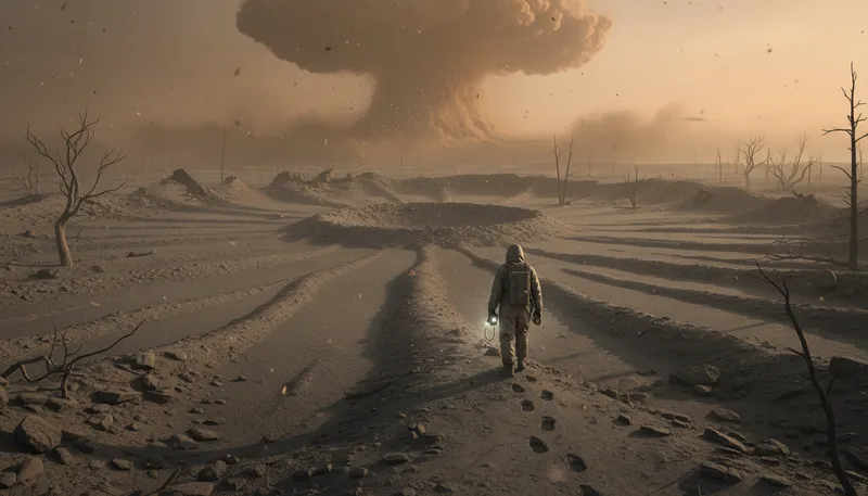 Illustration of fallout: The radioactive particles following a nuclear explosion.