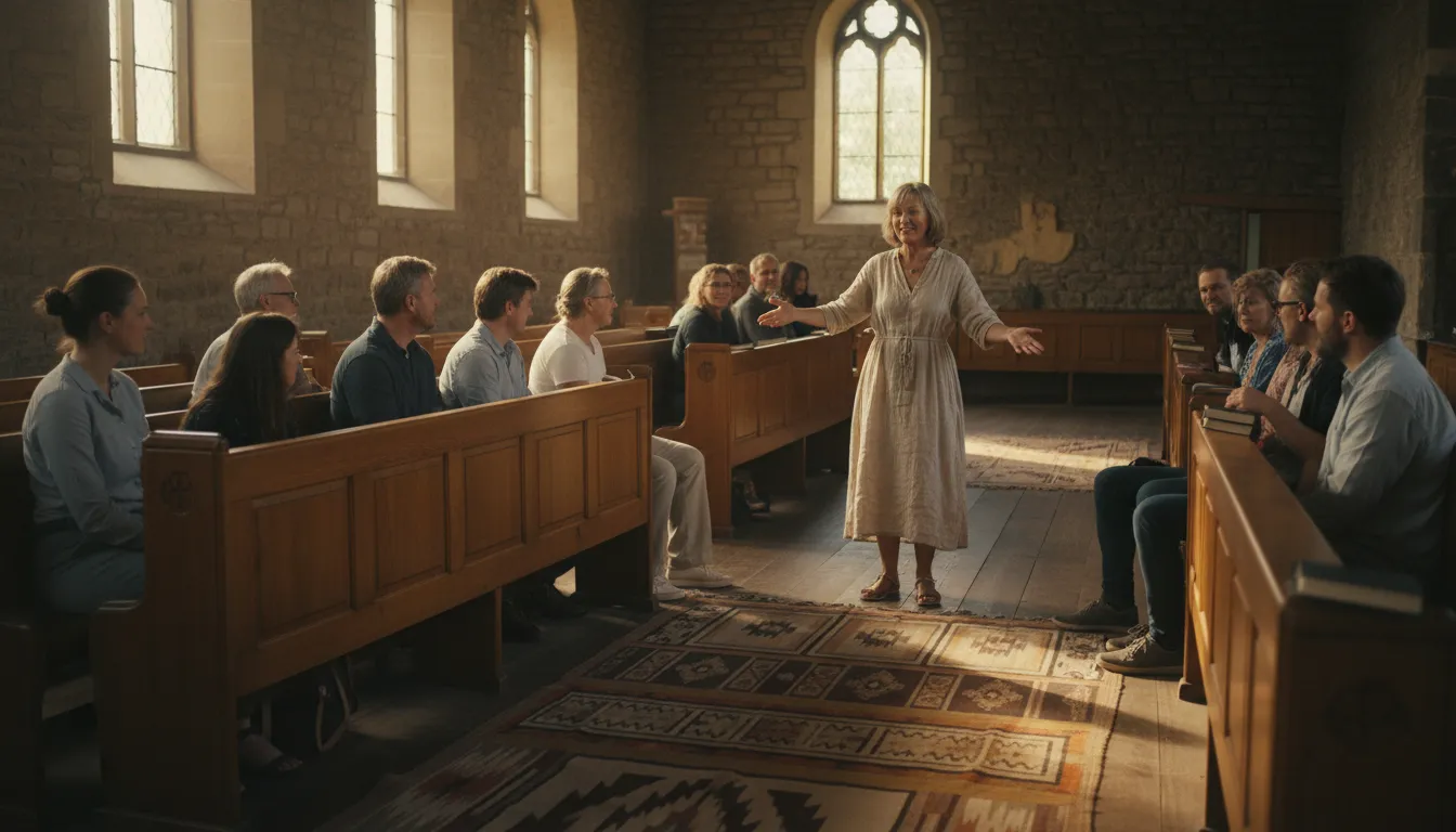 take a pew-এর ইলাস্ট্রেশন: To sit down, usually in a church.