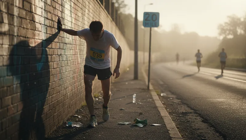 Illustration of hit the wall: To reach a point of exhaustion or failure.