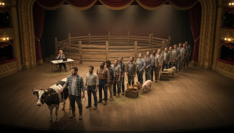 Illustration of cattle call: An open audition for many performers.