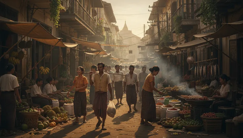 Illustration of rangoon: The former name of Yangon, Myanmar's largest city.