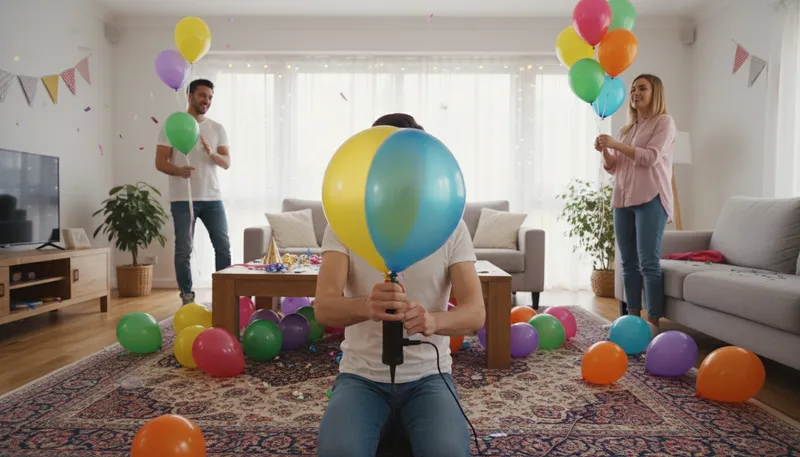 Illustration of inflate: To fill with air or gas, making bigger.