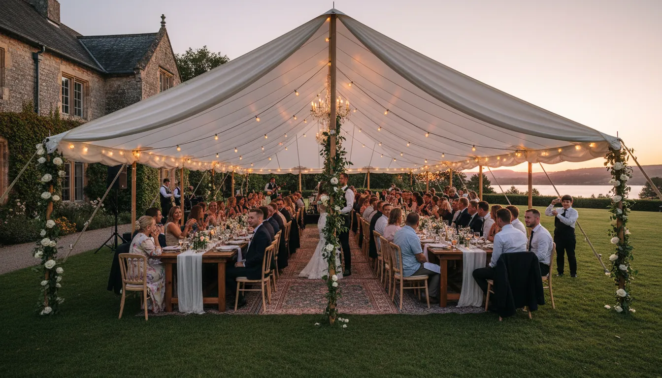 marquee का चित्र: A large tent for events.