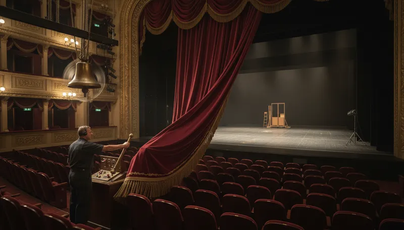 Illustration of ring down the curtain: Conclude an event or performance.