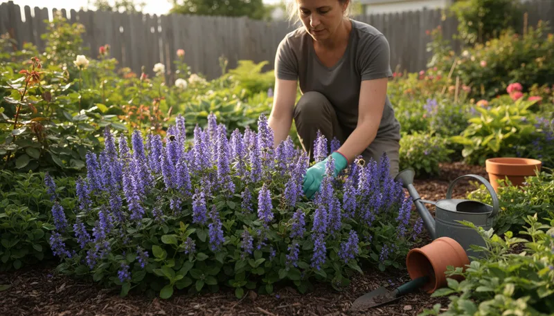 Illustration of bugle: a plant with spikes of blue flowers