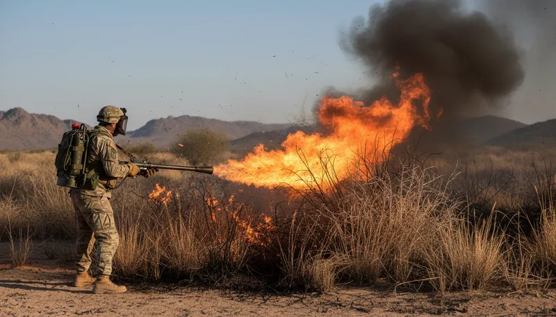 Illustration of flamethrower: A device that projects a stream of fire.
