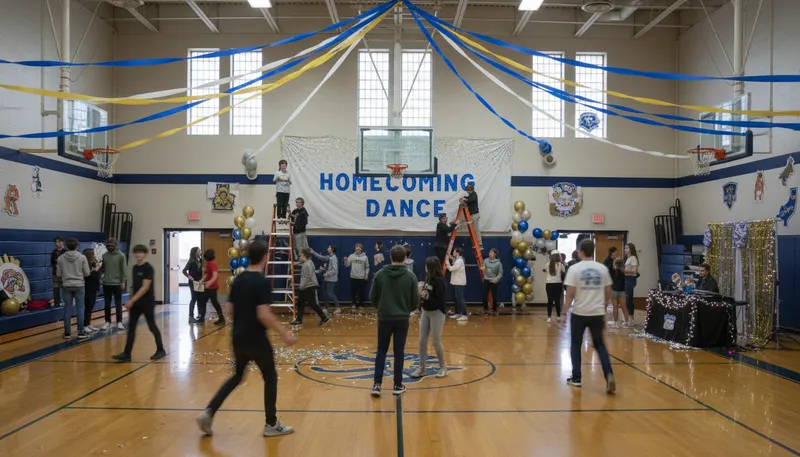 Illustration of homecoming: A school event celebrating alumni returning.