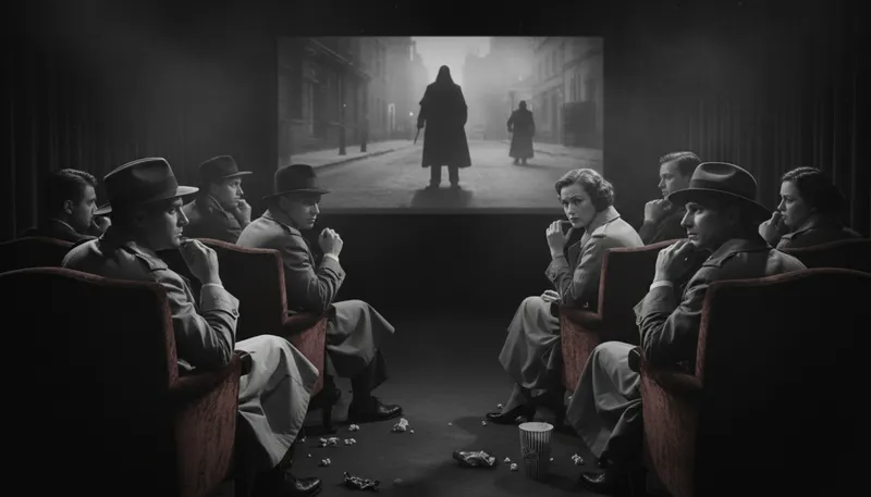 Illustration of noir: a genre featuring dark themes and moral ambiguity.