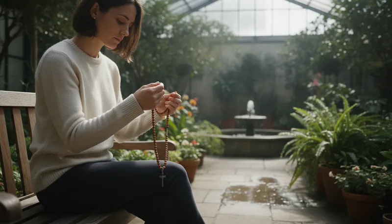 Illustration of rosary: A string of prayer beads used in Catholicism.