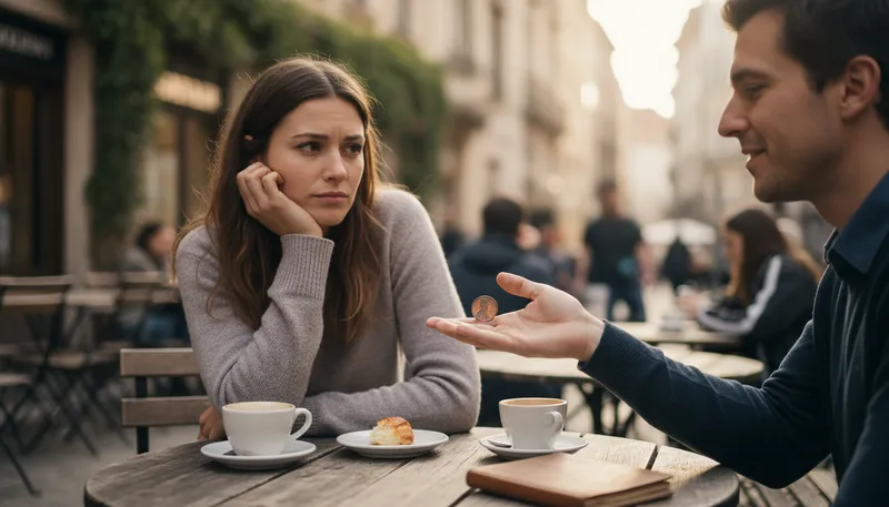 Illustration of penny for your thoughts: asking someone what they are thinking.