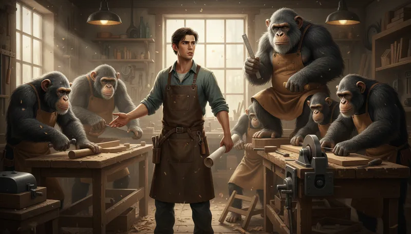 Illustration of ape leader: A person mimicking another leader's behavior.