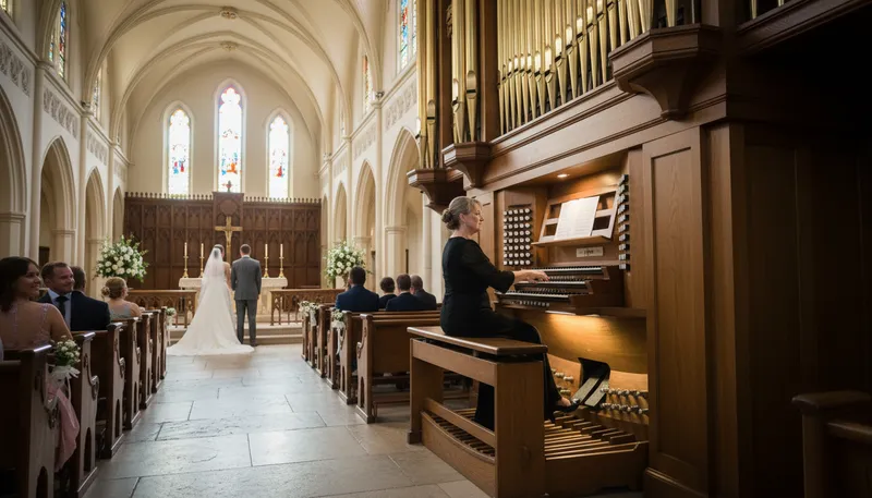 Illustration of organist: A person who plays the organ.