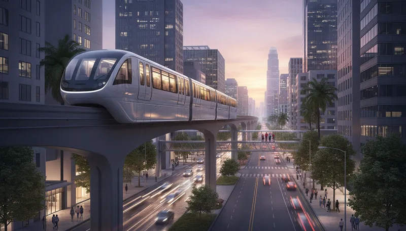 Illustration of monorail: A train system running on a single rail.