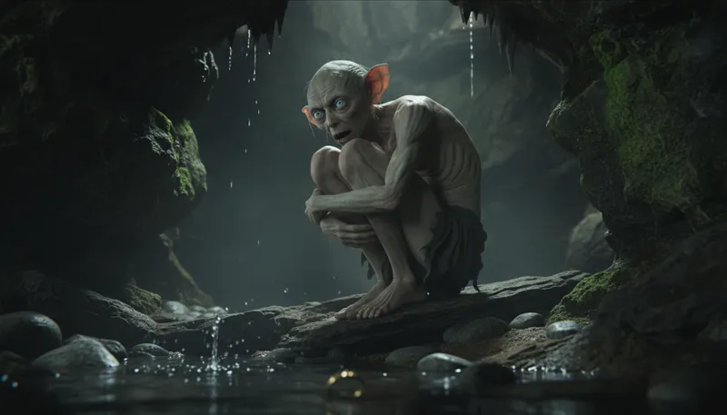 Illustration of gollum: A character from The Lord of the Rings series.