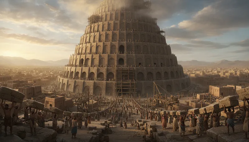 Illustration of babel: a biblical city with a famous tower