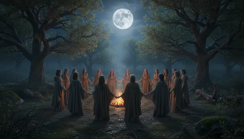 Illustration of coven: A group of witches who meet.