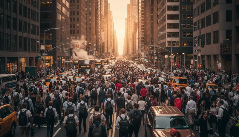 Illustration of overpopulation: Too many people living in one area.