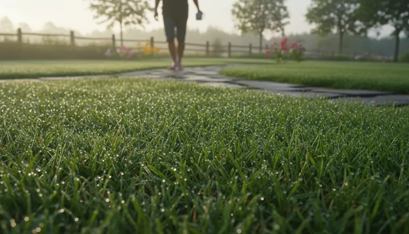 Illustration of dew: tiny drops of water on grass in the morning