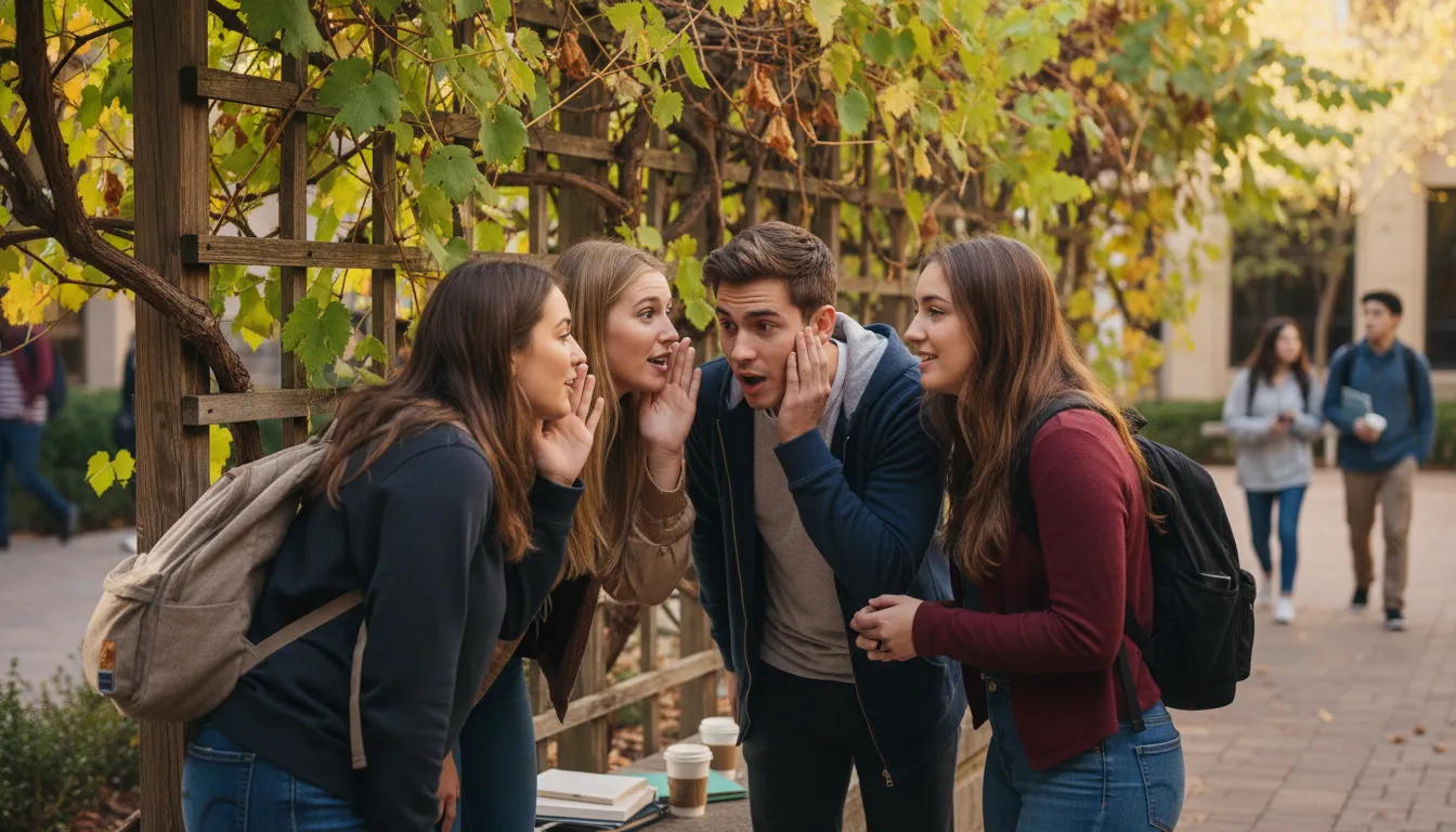 Illustration of through the grapevine: Through informal talk or rumors passed from person to person.