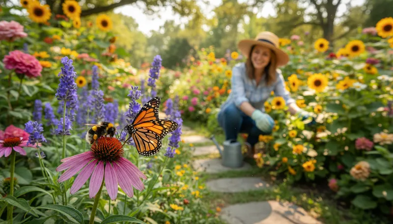 Illustration of pollinators: Animals that help plants reproduce by transferring pollen.