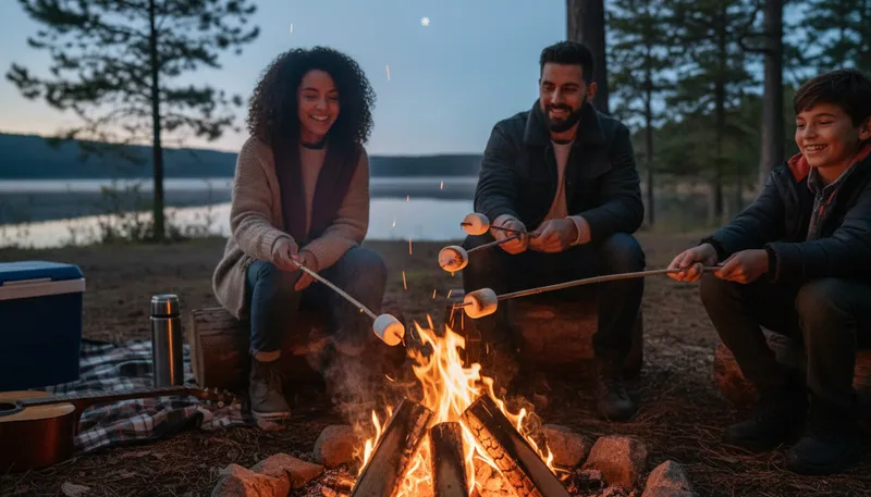 Illustration of campfire: A fire set for warmth and cooking outdoors.