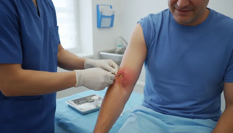 Illustration of abscess: A swollen area filled with pus.