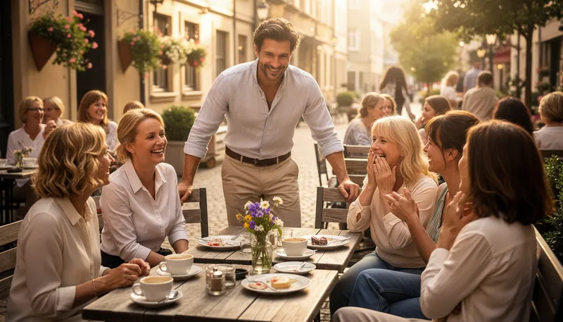 Illustration of ladies' man: a man who is charming to women.