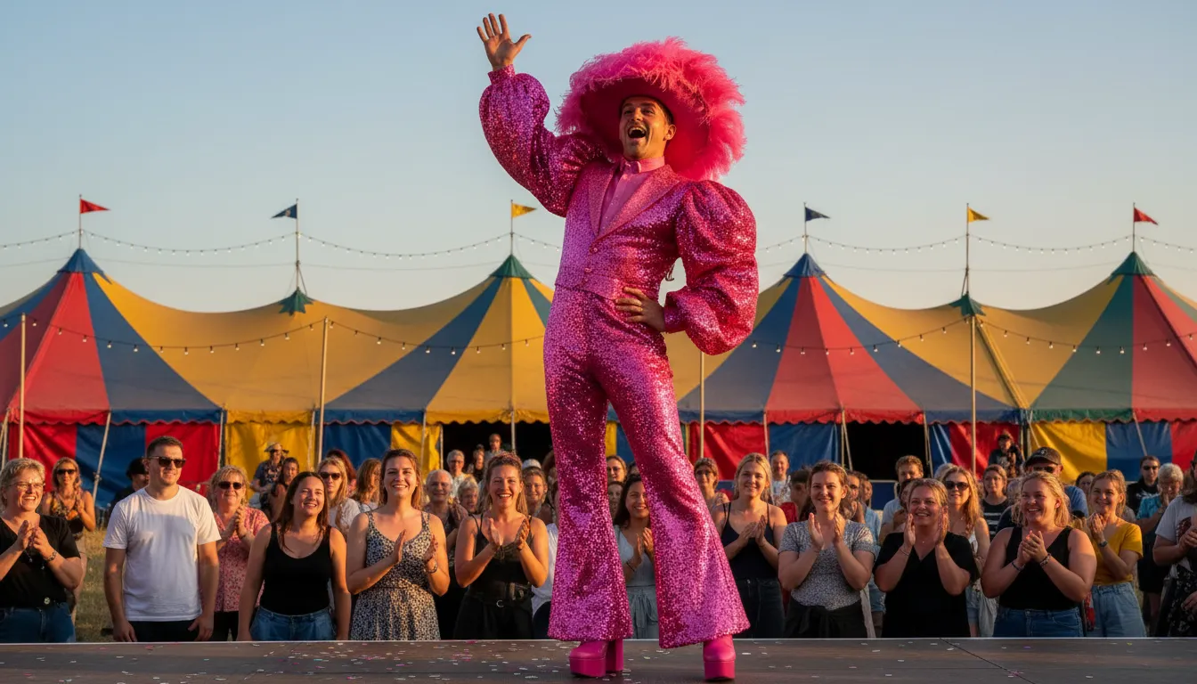 camp as a row of tents 일러스트: Very theatrical, exaggerated, or flamboyant.