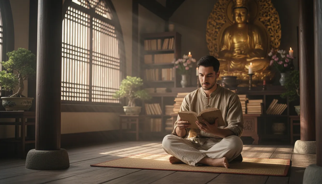Buddhism 的插图：An Asian religion focused on reaching spiritual enlightenment.