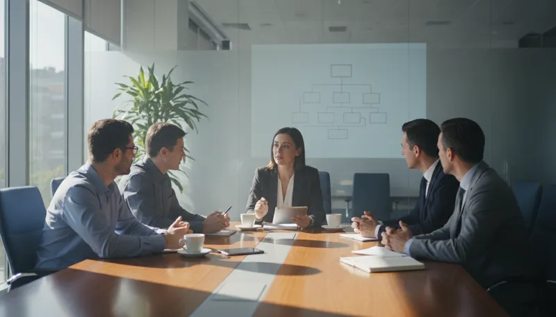 Illustration of boardroom: A room for meetings, often in a business.