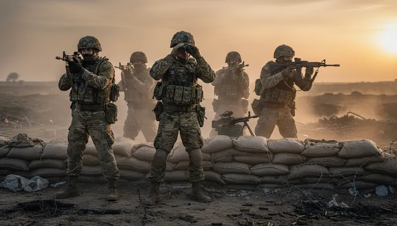 Illustration of frontline: The most important position in a battle or situation.