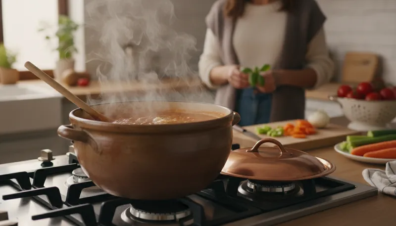 Illustration of simmer: To cook gently just below boiling point.