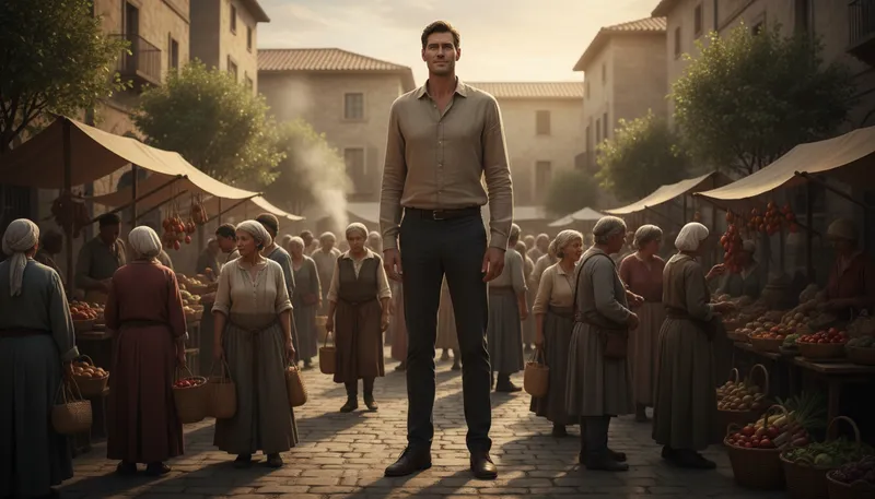 Illustration of man among men: An exceptional man among his peers.