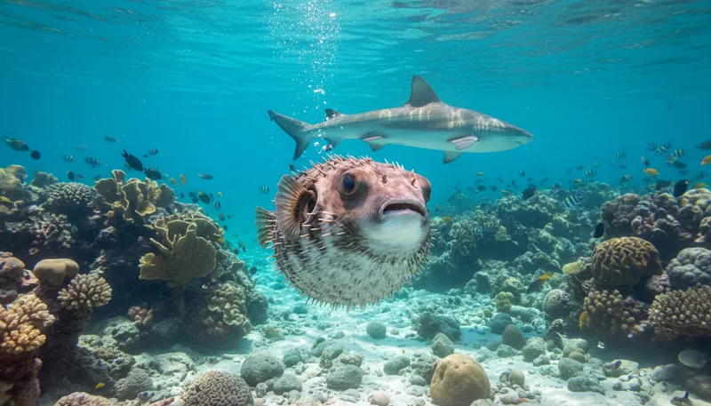 Illustration of puffer: A type of fish that inflates when threatened.