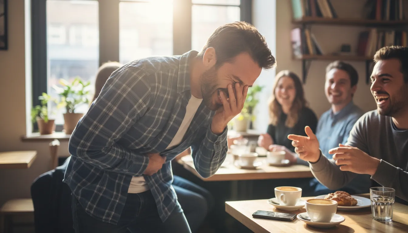 Ilustração de double over: To bend at the waist due to laughter or pain.