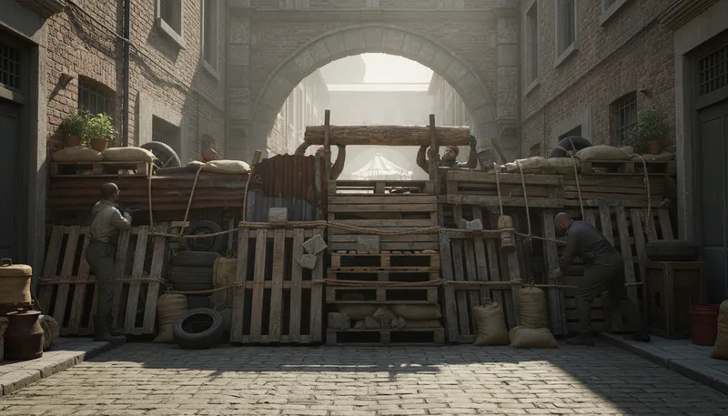 Illustration of barricade: A structure to block or defend an area.