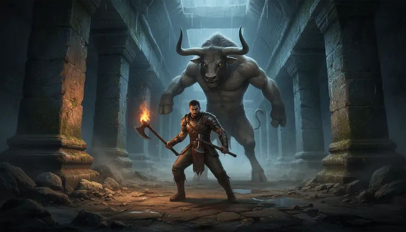 Illustration of minotaur: Mythical creature with a human body and bull's head.