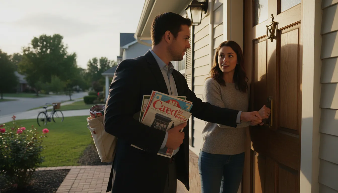 Illustration von solicitor: A person who sells goods door to door.