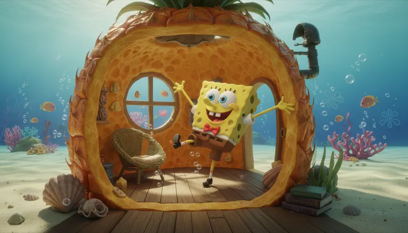 Illustration of spongebob: A cheerful cartoon sea sponge character.