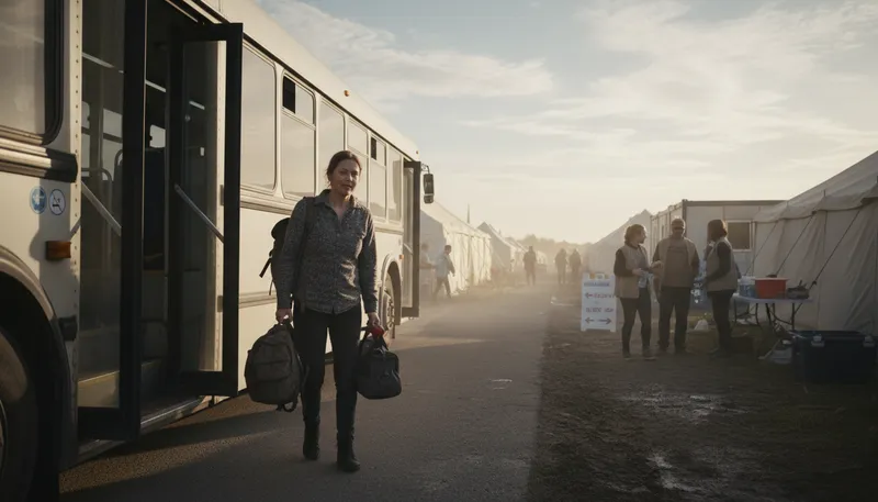 Illustration of evacuee: A person who leaves for safety during danger.