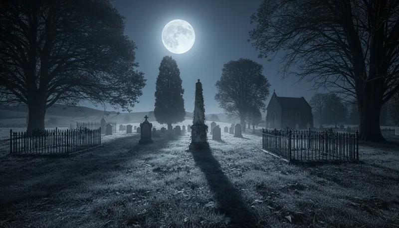 Illustration of graveyard: A place where the dead are buried.