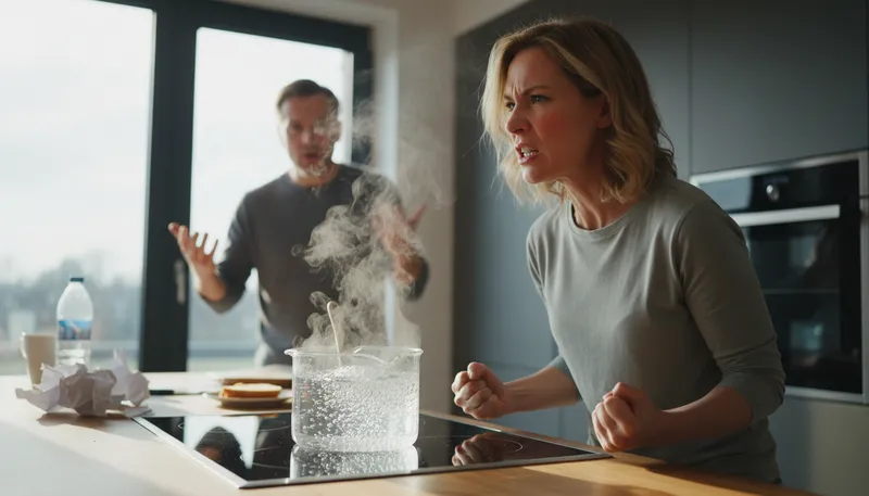 Illustration of boil over: overflow with anger or emotion.