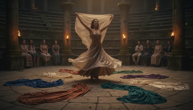 Illustration of dance of the seven veils: A seductive performance with layers of fabric.