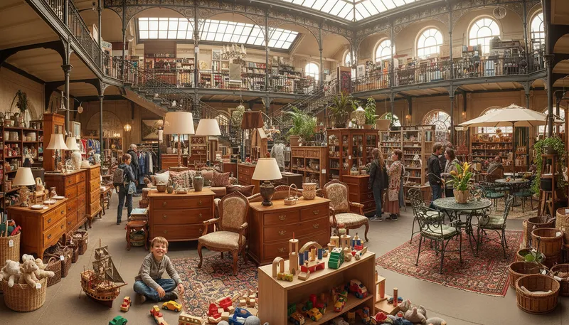 Illustration of emporium: A large store selling various items.
