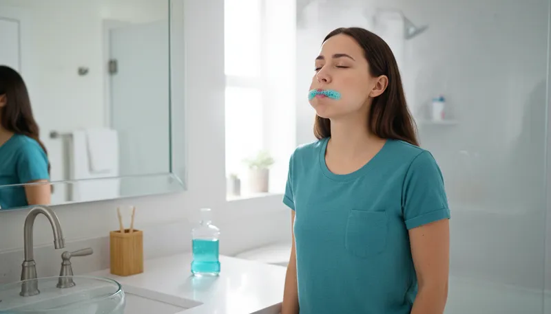 Illustration of mouthwash: Liquid used to rinse the mouth and freshen breath.