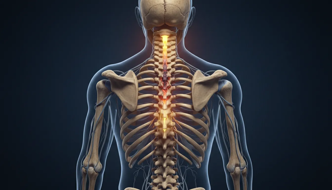 Illustration of spinal cord: The thick bundle of nerves running down the back inside the bones.